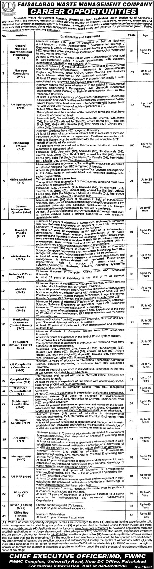 FWMC Jobs,FWMC Jobs 2024, FWMC Jobs 2025,Faisalabad Waste Management Company